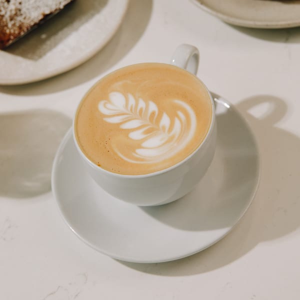 A white cup of latte with intricate leaf-shaped latte art, on a white saucer.